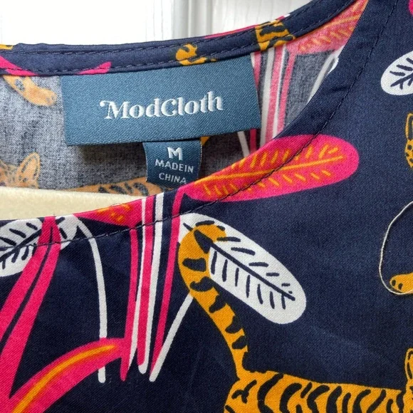 Modcloth Navy Mini Dress with Pink and Yellow Jungle Tiger Print Size M - Picture 5 of 10